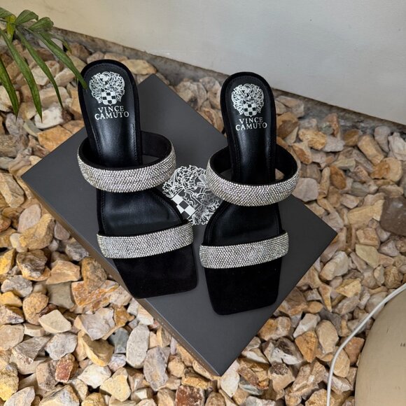 Vince Camuto Aslee Rhinestone Embellished Black & Silver Crystal Dress Sandals - Picture 2 of 11